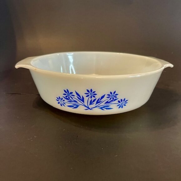 Set of 2 Anchor Hocking Fire King Milk Glass Casserole Dishes, Blue Floral - Picture 2 of 13